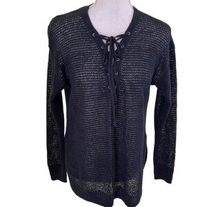 POLO Ralph Lauren Black Linen Loose Knit Lace-Up Neckline Sweater S